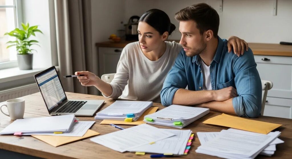 Couple reviewing tax documents and a laptop at their kitchen table