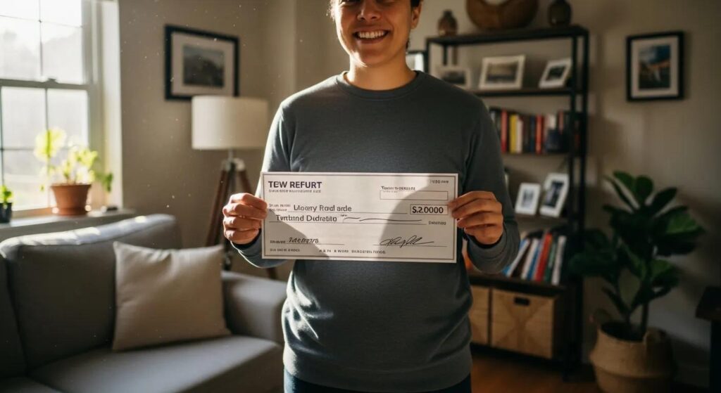 Person holding a tax refund check and smiling in their living room
