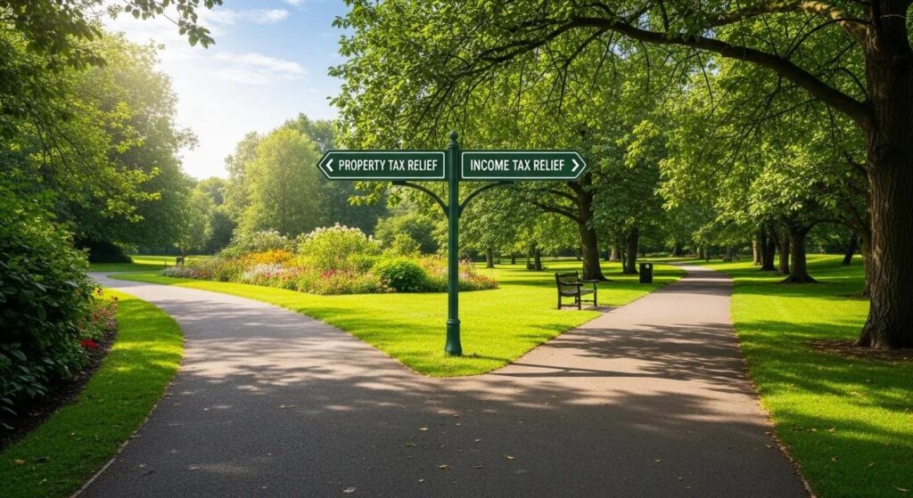 Two diverging paths in a park symbolizing different tax relief options