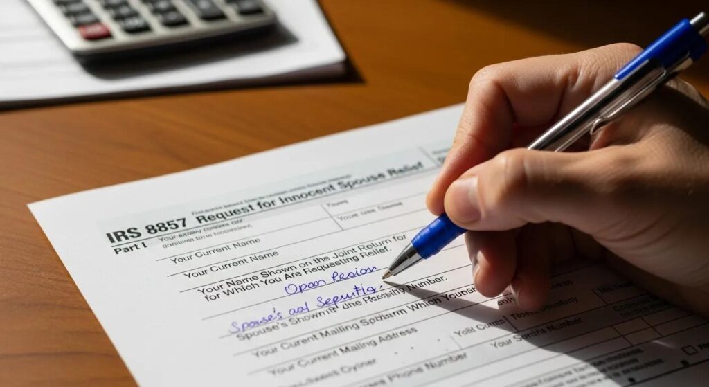 Close-up of a hand filling out IRS Form 8857 to illustrate filing steps