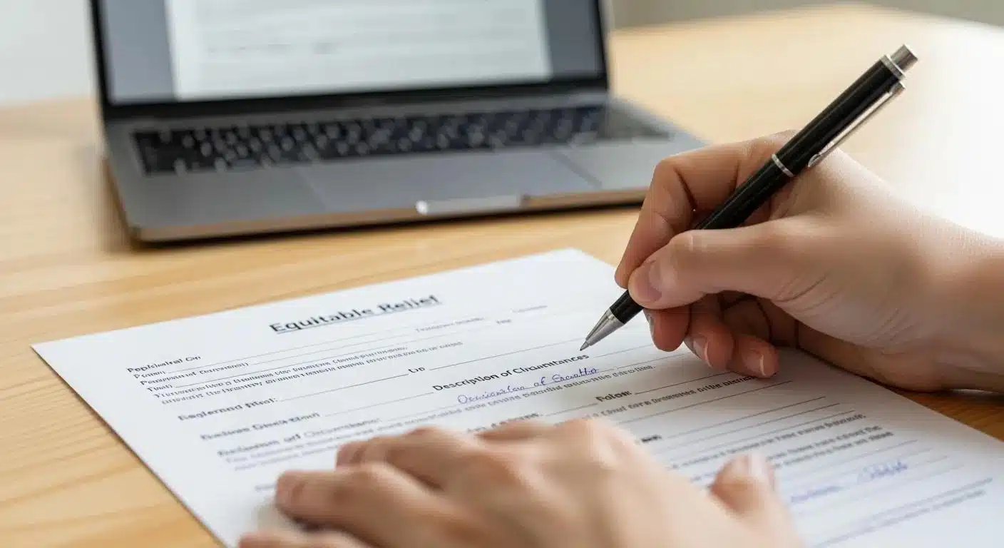 Hands completing an application form — Equitable Relief process What Are the Requirements for Equitable Relief?