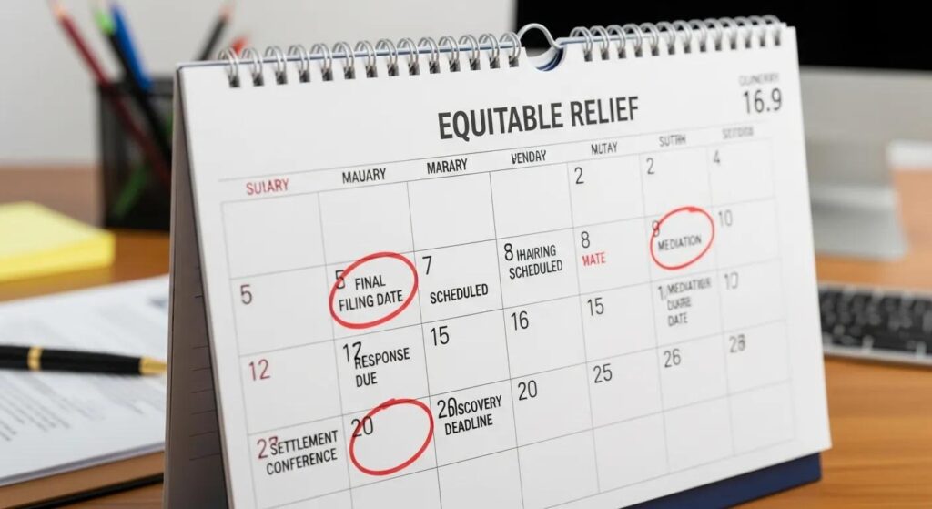 Calendar with important dates circled — tracking time limits for equitable relief