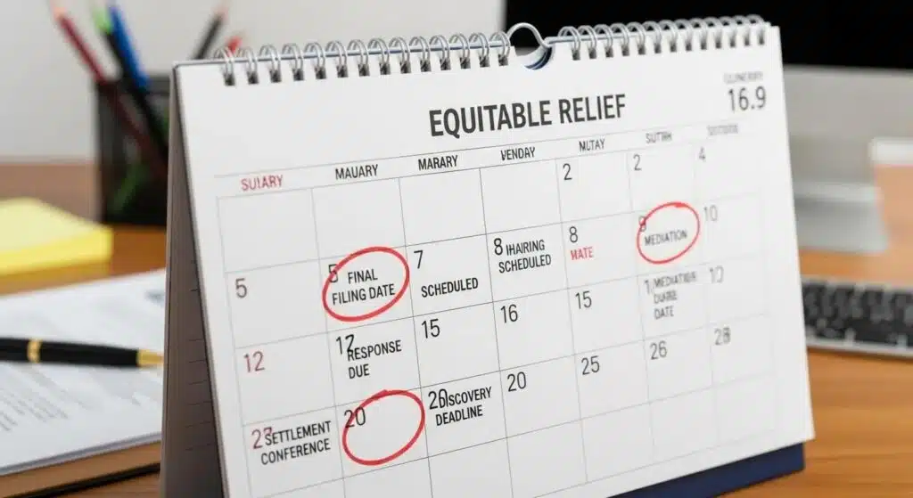 Calendar with important dates circled — tracking time limits for equitable relief Calendar marking important dates for equitable relief and IRS deadlines.