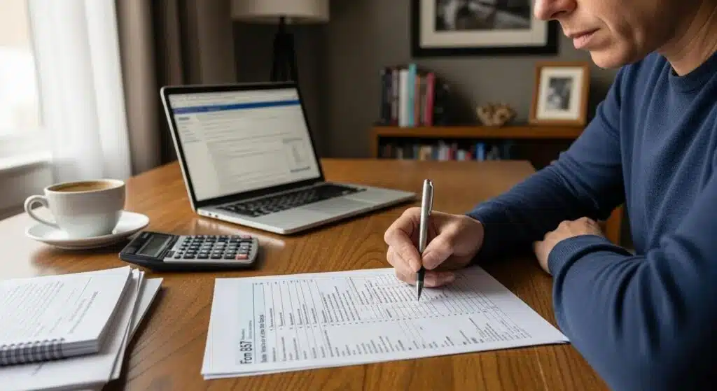 Person completing Form 8857 at a desk — preparing an Innocent Spouse Relief request Man reviewing Form 8857 and tax documents on laptop, preparing IRS relief claim.