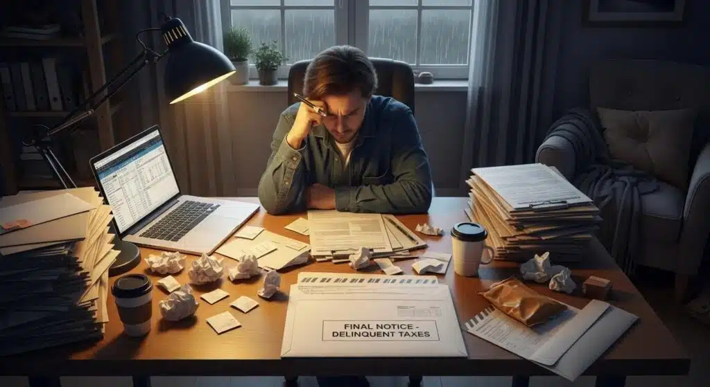 Man looking stressed at desk with delinquent tax documents and laptop