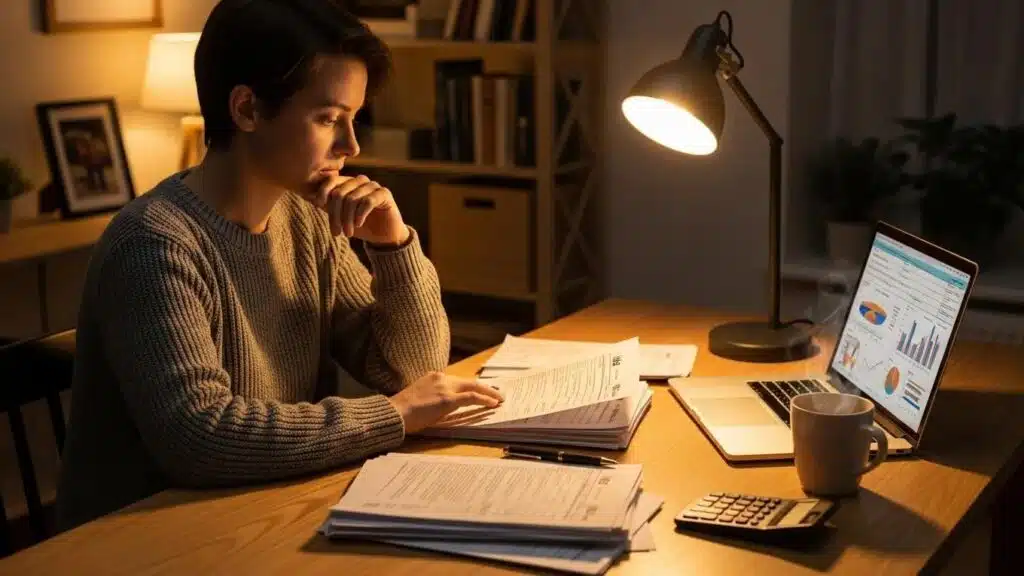 Person analyzing tax documents and financial data on a laptop, surrounded by paperwork and a calculator, illustrating the process of evaluating IRS Offer in Compromise payment options.
