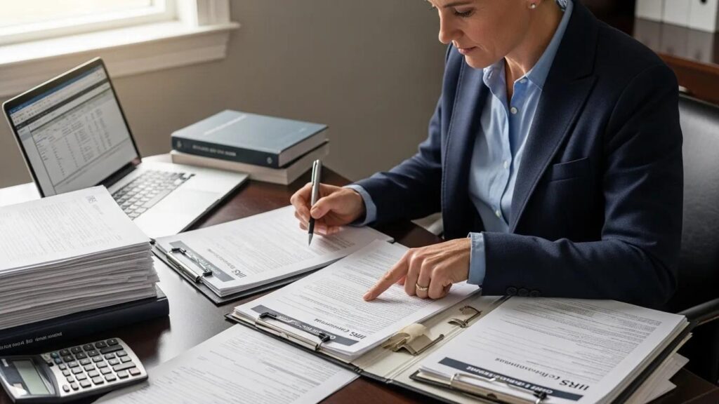 Tax professional reviewing financial documents for IRS Offer in Compromise evaluation