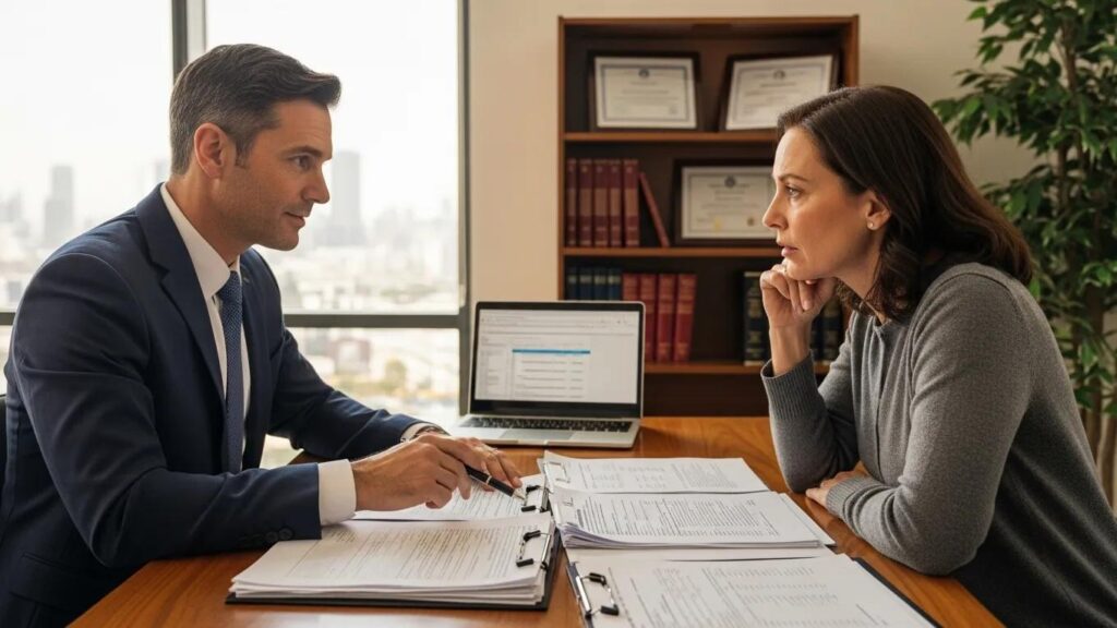 Tax resolution expert discussing negotiation details with a client in an office