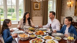Family gathered around a dining table enjoying a meal, featuring various dishes and beverages, with a warm, inviting atmosphere.
