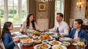 Family gathering around a dining table filled with various dishes, discussing IRS tax resolution options and Offer in Compromise strategies.