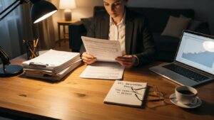 Professional reviewing tax documents at a desk with a laptop, coffee, and financial reports, illustrating tax resolution services and IRS-related guidance.