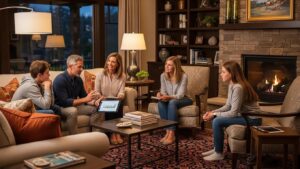 Group of five people discussing financial matters in a cozy living room setting, emphasizing collaboration and family support for tax resolution.