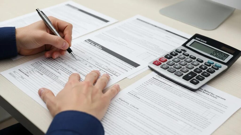 Hands filling out financial forms with a calculator, representing the eligibility criteria for tax relief