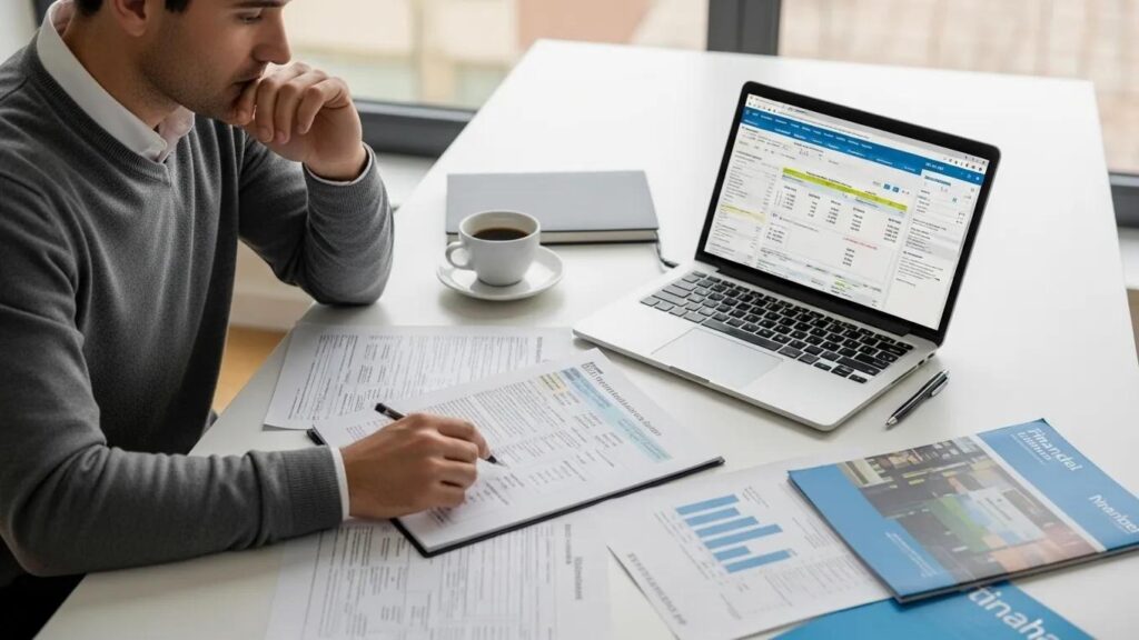 Person contemplating tax relief options with documents and a laptop, illustrating decision-making in financial matters