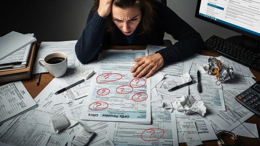 Frustrated individual surrounded by incomplete tax documents, illustrating common mistakes in the OIC process