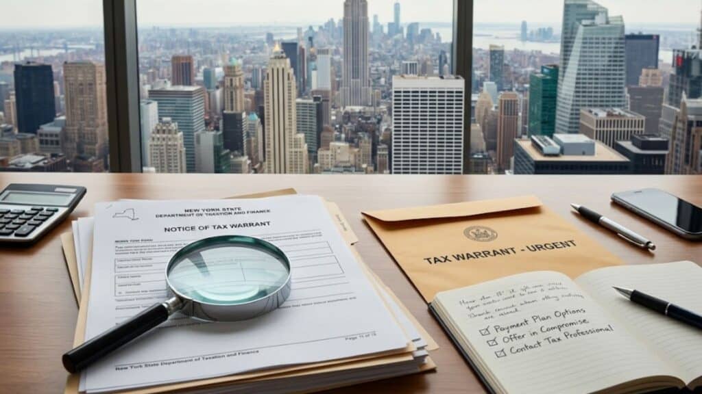 New York tax warrant documents and magnifying glass over a cityscape