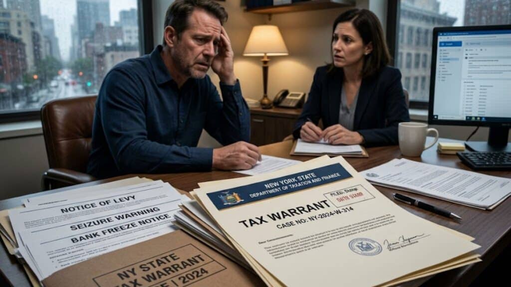 Man and woman reviewing New York State tax warrant documents and notices.