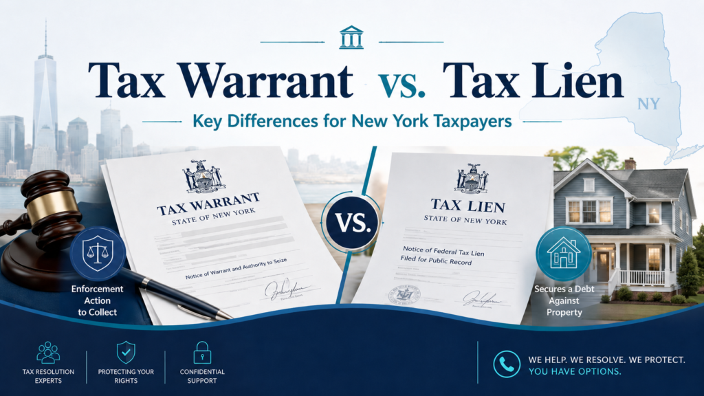 Tax warrant vs. tax lien comparison graphic for New York taxpayers, showing legal documents, a gavel, New York outline, and a home to explain tax collection and property lien differences.