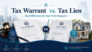 Tax warrant vs. tax lien comparison graphic for New York taxpayers, showing legal documents, a gavel, New York outline, and a home to explain tax collection and property lien differences.
