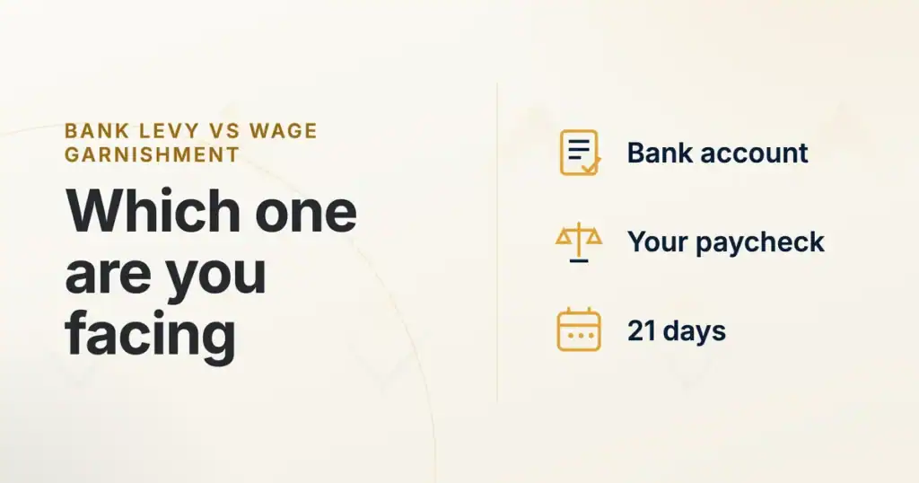 Graphic comparing an IRS bank levy and a wage garnishment, marking the bank account, the paycheck, and the 21 day window