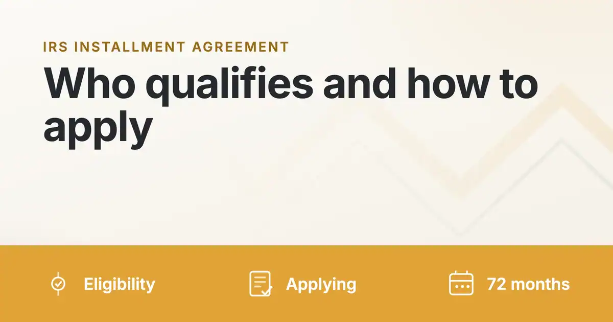 Graphic showing IRS installment agreement eligibility, how to apply, and the 72 month term