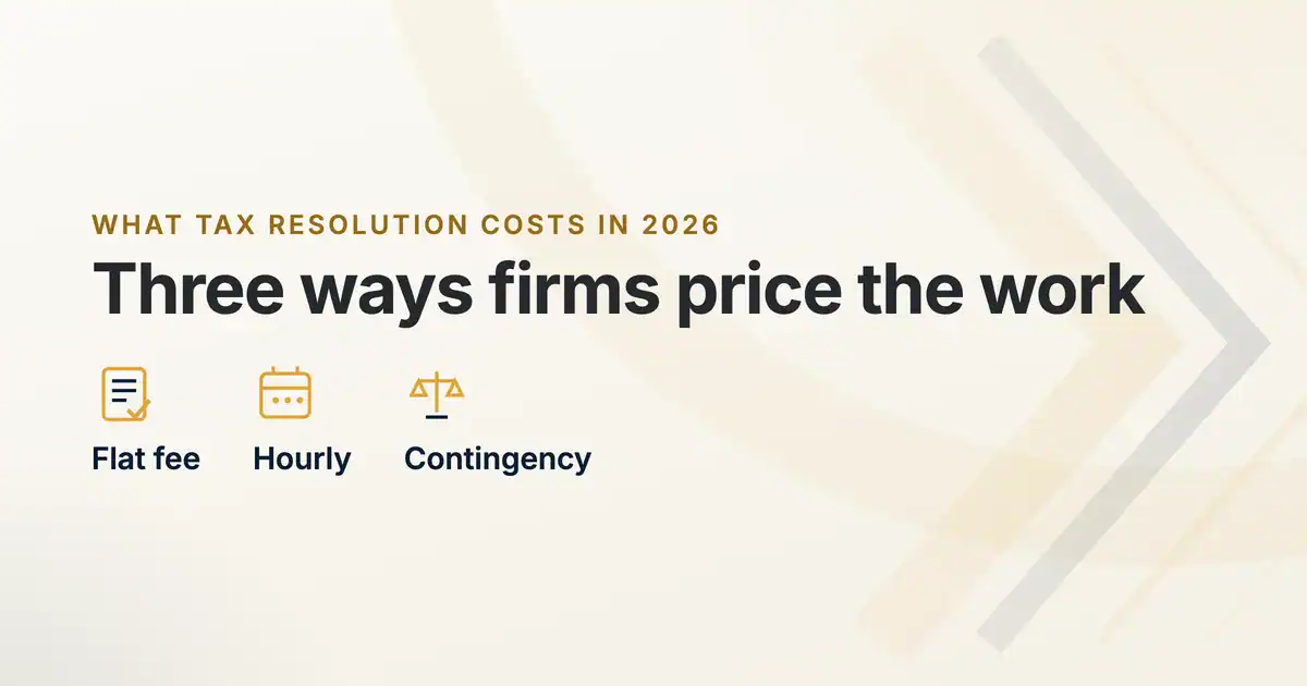 Graphic showing three tax resolution pricing models, flat fee, hourly, and contingency