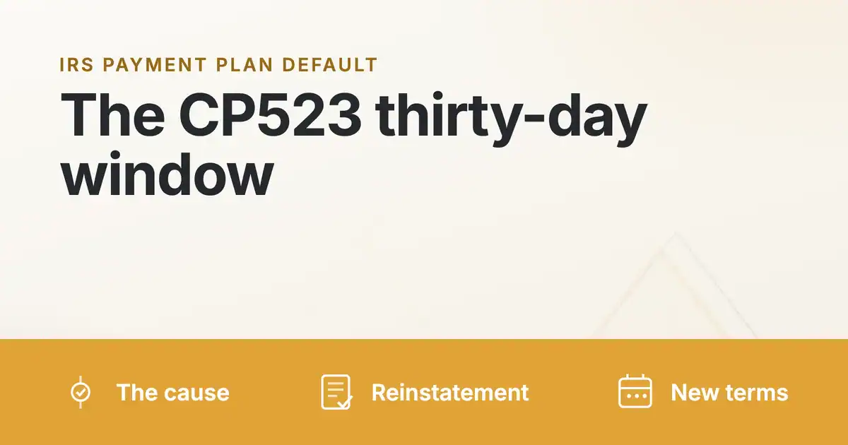 IRS payment plan default and the CP523 thirty-day window: the cause, reinstatement, new terms